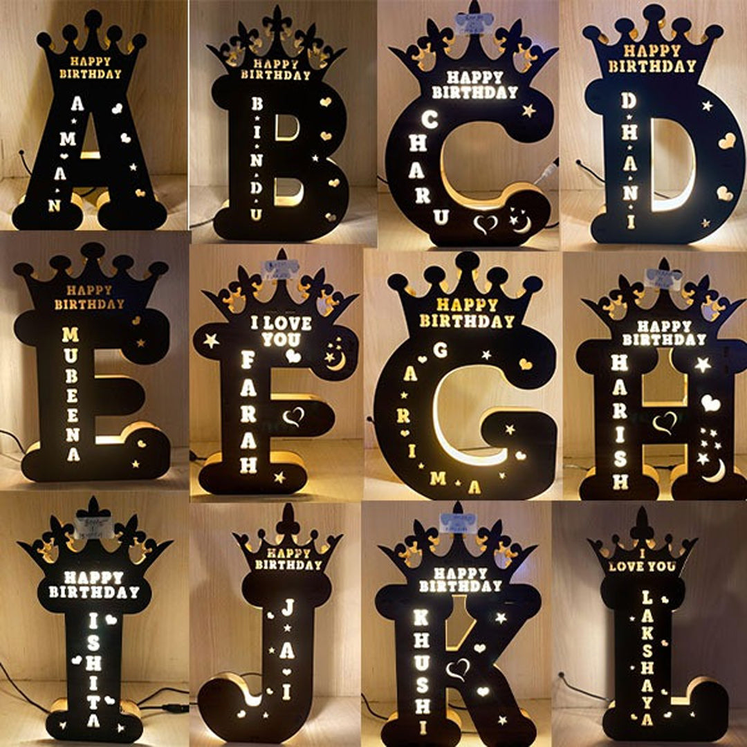 Wooden A-Z Alphabet LED Name Lamp With Letter Cutout - Giftsholic